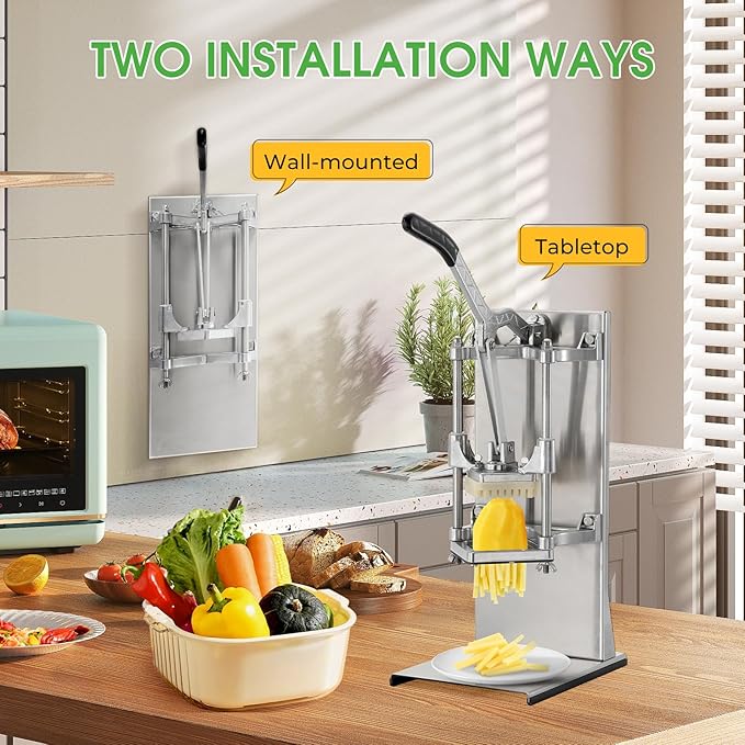 4in1 Commercial French Fry Cutter & Lemon Slicer & Vegetable Chopper - Stainless Steel with Extended Handle - 4 Blades for Home, Bar, Restaurant - Dice, Slice & Chop 1/2", 3/8", 1/4", 8 Wedge