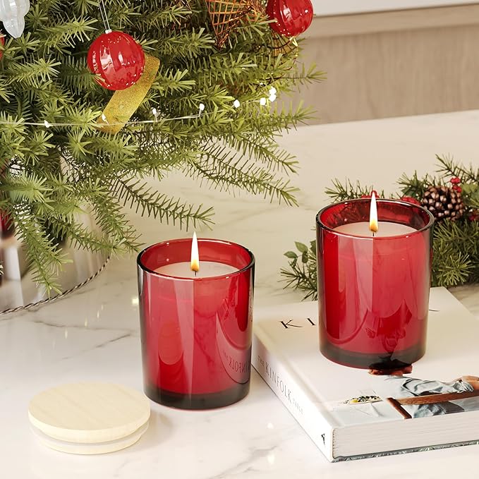 SHOWIN Thick Candle Jars for Making Candles 16 Pcs, 7 OZ Empty Jars with Wood Lids for Candle Making, Sample Container, Red