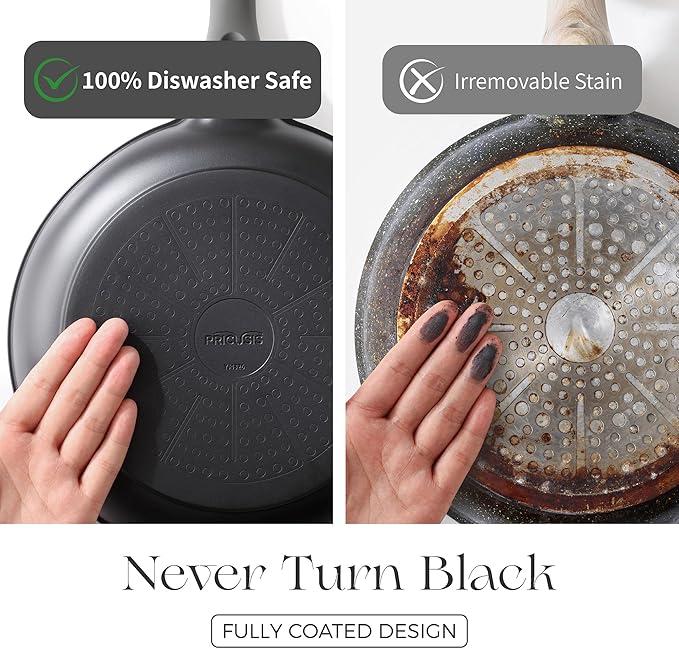 PRICUSIS Nonstick Ceramic Frying Pan with Lid, 8/10 Inch Skillet with Stay Cool Handle, Fully Coated, Induction Compatible & Oven Safe, 100% Dishwasher Safe, PTFE & PFOA Free（10 Inch, Black Sesame）