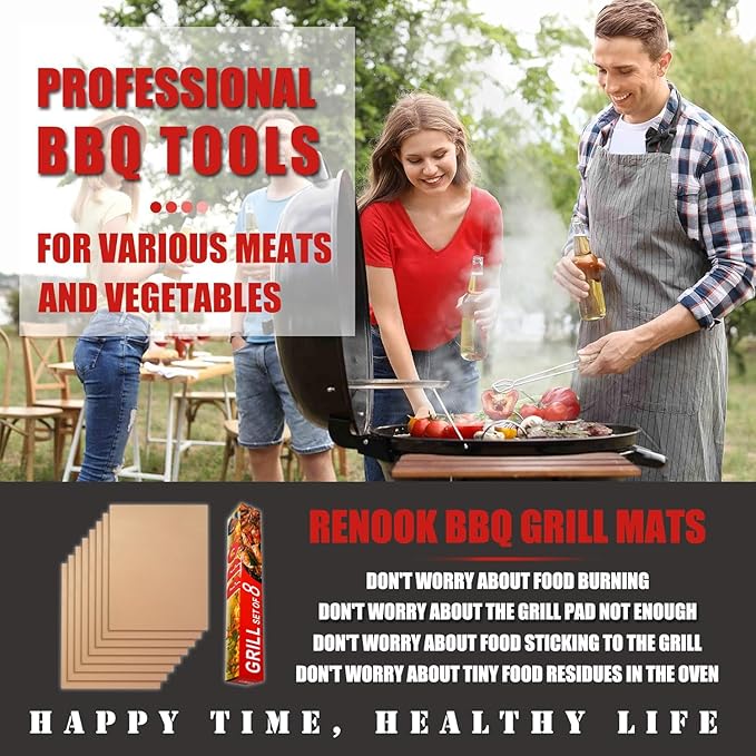 Renook Copper Grill Mats for Outdoor Grill, Set of 8 BBQ Grill Mat for Outdoor Gas Grill, Non-Stick Copper Cooking Sheets, 15.75 X 13 Inch
