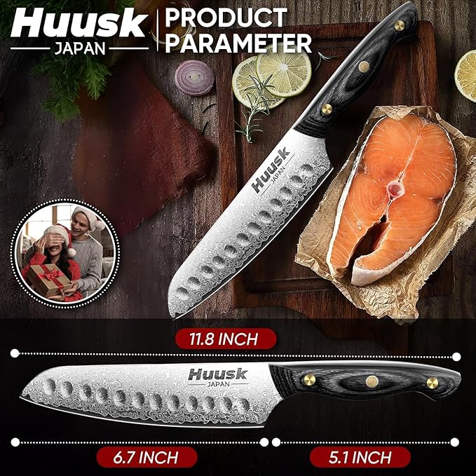 Huusk Damascus Santoku Knife 7 inch, Japanese Knives with Sharp Edge and Wooden Handle Hand Forged Chef Knives for Home Use, Meat Vegetables Fish Knives, Birthday Dad Mom Gift
