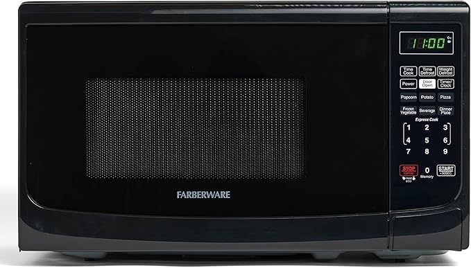 Farberware Countertop Microwave Oven 700 Watts Power Auto Cook Settings, Defrost, Easy Clean and Child Safety Lock, 0.7 Cu. Ft, Black
