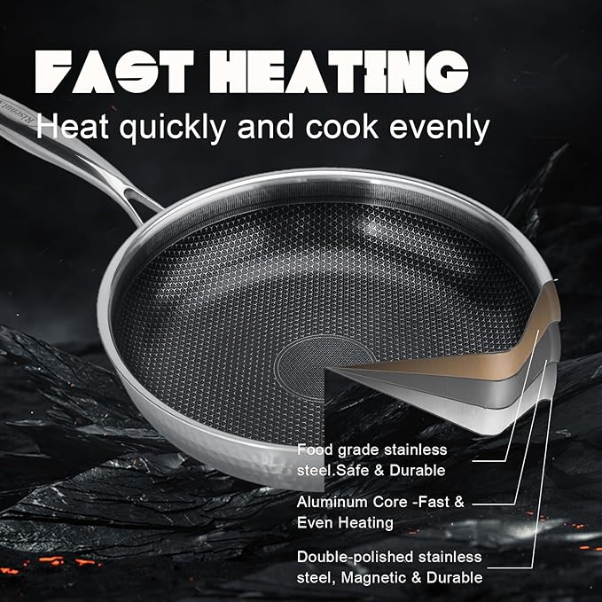 Hybrid 8 inch Stainless Steel Non Stick Skillet,Frying Pans Nonstick, PFOA Free Cookware, Dishwasher and Oven Safe, Induction Compatible
