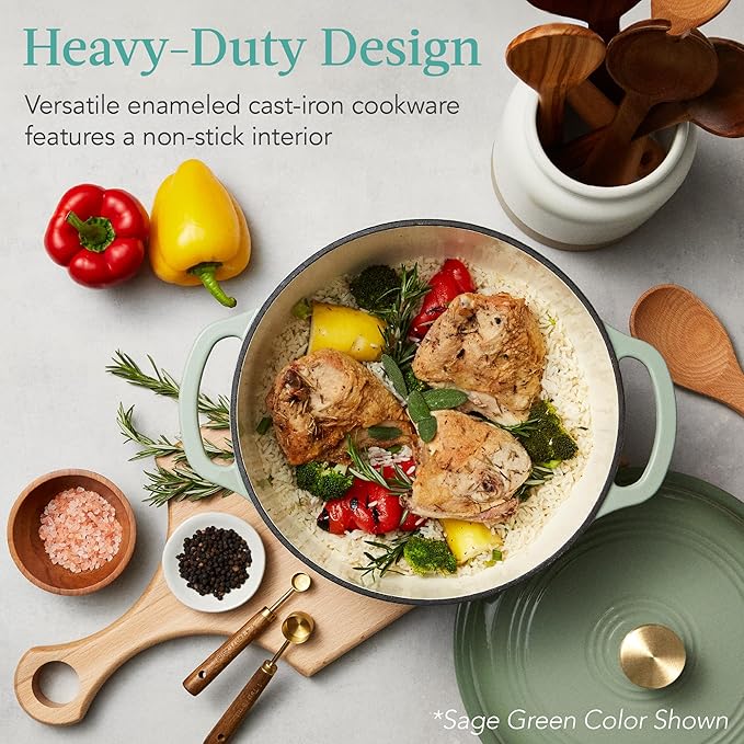 Best Choice Products 7.5 Quart Enamel Cast-Iron Round Dutch Oven, Family Style Heavy-Duty Pre-Seasoned Cookware for Home, Kitchen, Dining Room, Oven Safe w/Lid, Dual Handles - Deep Olive Green