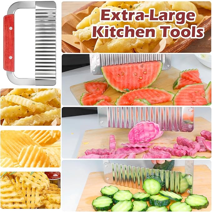 JAYVAR Extra-Large Crinkle Cutter Wave Potato Slicer – Stainless Steel French Fry Cutter for Restaurants, Waffle Slicing Tool, Crinkle Chopping for Potatoes, Kitchen Veggie Cucumber Slicer with Handle