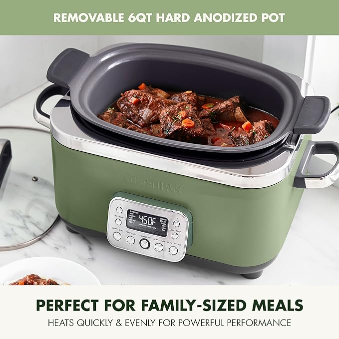 GreenPan Elite 14-in-1 Nonstick 6QT Electric Slow Cooker, PFAS-Free Ceramic Multi-Cooker, In-Pot Browning, Dishwasher Safe Lid & Removable Crock, Stainless Steel Steamer, Silicone Handles, Sage Green