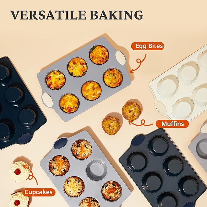 BRONYPRO 2-Pack Jumbo Ceramic Muffin Pans, 6-Cup Nonstick Aluminized Steel Cupcake Pans, Healthy Non-Toxic Ceramic Coating Muffin tin, Oven Safe to 500°F, Blue