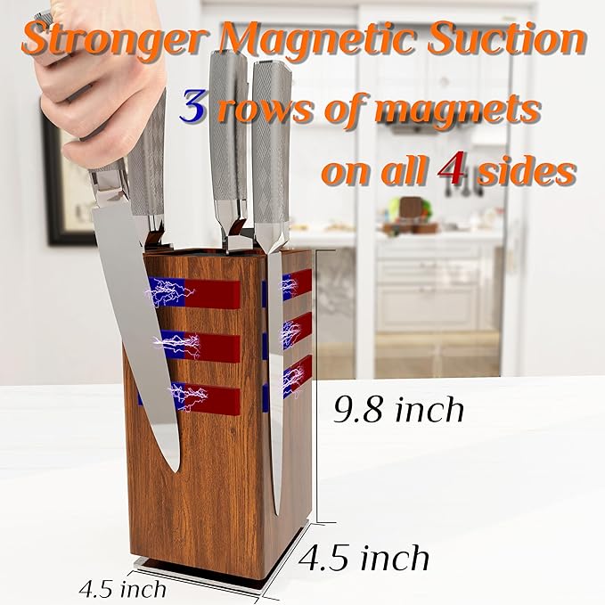 360° Rotating Magnetic Knife Block without Knives - Universal Holder for Counter Top with Removable Bristles, Acacia Wood