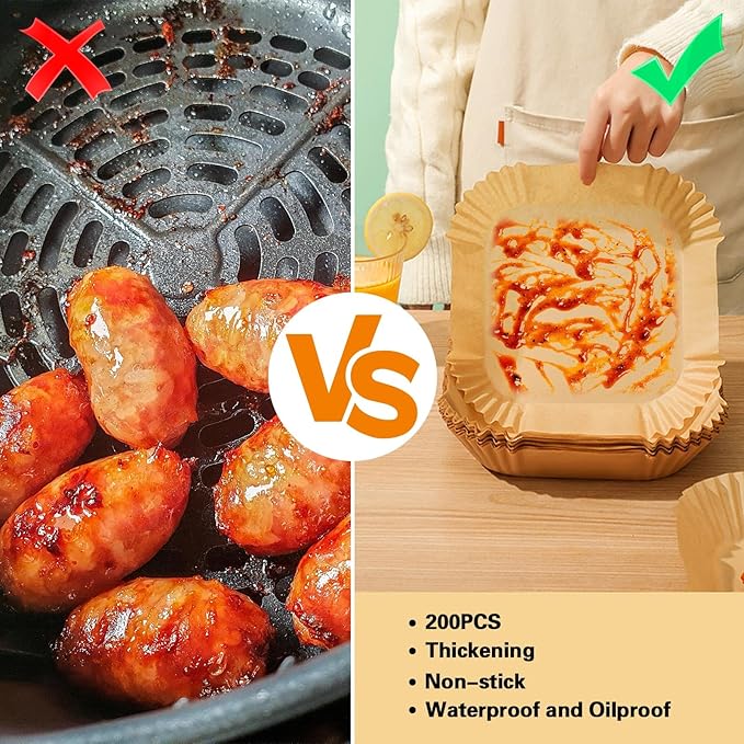 200Pcs Air Fryer Paper Liners, 6.3 Inch Square Disposable Air Fryer Liner, Non-stick Parchment Paper for Frying Baking Roasting Microwave Oven