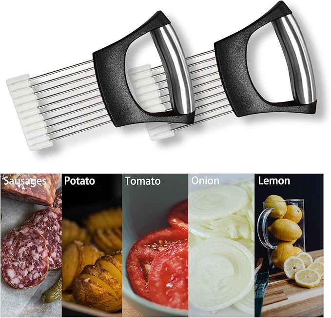 Stainless Steel Onion Slicer Holder – Multi-Purpose Kitchen Safety Tool for Onions|Potatoes|Tomatoes|Apples|Lemons Slicing, Ergonomic ABS Handle, Easy Clean, Uniform Slices, 2 PACK