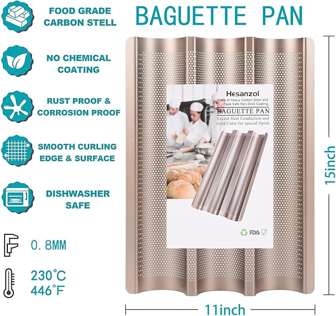 Hesanzol Baguette Pans for Baking 15" x 11", Carbon Steel 3 Loaf Nonstick Baguette Baking Tray for French & Italian Perforated French Bread Pan (2pack - Gold)