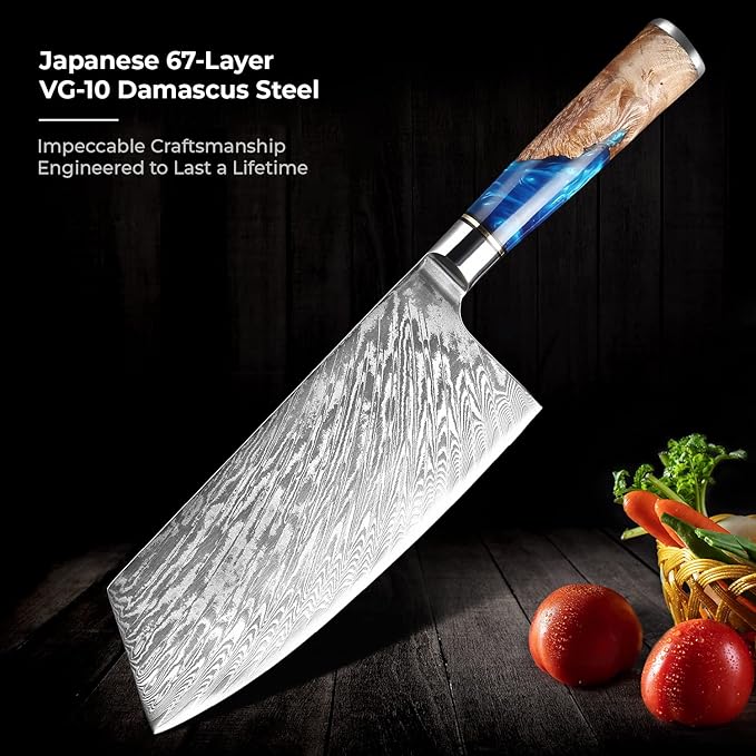 SENKEN Damascus Steel Cleaver Knife - Tsunami Collection - 67-Layer Japanese VG10 Steel - Unique Blue Resin & Natural Wood Handle, Razor Sharp, Beautiful Damascus Wave Pattern (7.5" Cleaver Knife)