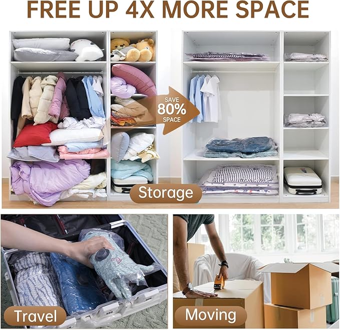 Vacuum Bags for Travel with Wireless Rechargeable Pump, 12 Pack Carry-on Size Compression Packing Seal Bags for Luggage and Suitcase, Space Saver Vacuum Storage Bags for Clothes and Clothing Travel ﻿
