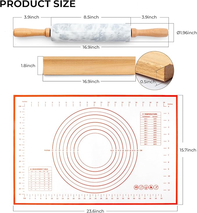 WORHE Marble Rolling Pin with Non-Stick Silicone Mat & Wood Base, 16.9-Inch Heavy Weight Dough Roller for Pizza Crust, Cookies, Pasta, Fondant, Pastry Polished Non-Stick Surface White (WH076)
