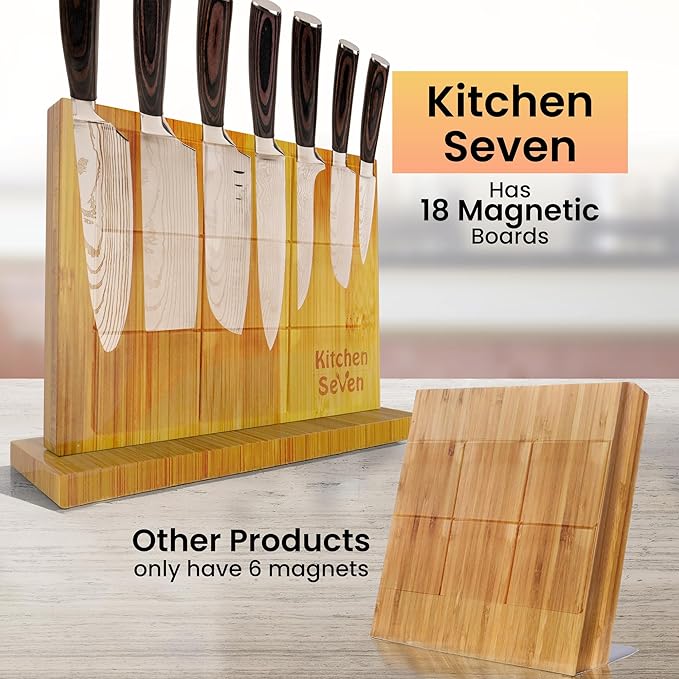 Knife Block Magnetic Knife Holder with Powerful Magnet, 100% Pure Bamboo Large Capacity Knife Organizer Block, Double Side Strongly Magnetic Kitchen Utensil Display (Stand)