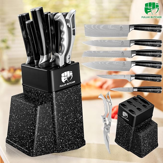 FULLHI 8pcs block Knife Set,chef's Knves Set with Block and Sharpener, Kitchen Knife Set,Multi-colour Handle, Gifts for Men Women