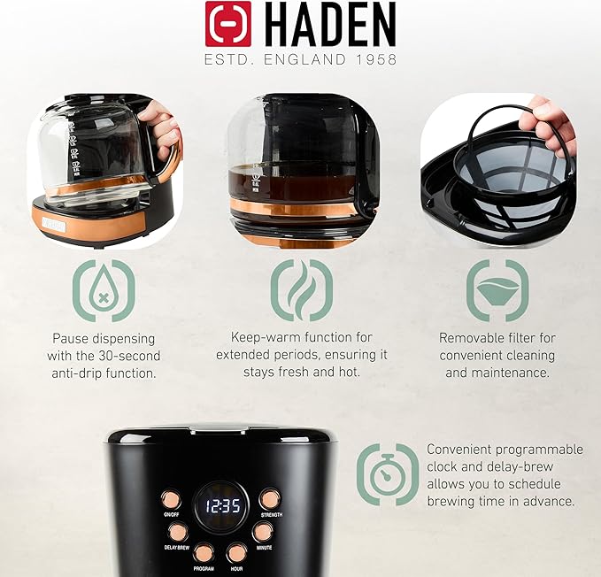 HADEN Heritage 1.7 Liter Stainless Steel Electric Kettle Bundled with 12 Cup Drip Coffee Maker, Coffee Machine with Auto Shut-Off, Black & Copper