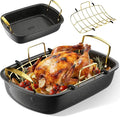 Roasting Pan, 17 Inch x 13 Inch Roaster with Removable Rack, Nonstick Roaster Pan for Roasting Turkey, Meat & Vegetables (Gold)