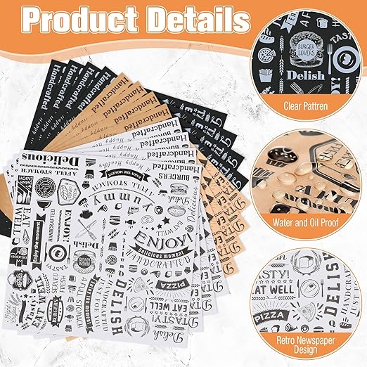 Outus 600 Pcs 12 x 12 Inch Deli Wax Paper Sheets Grease Resistant Tray Basket Liners Newsprint Paper Water and Grease Proof Sandwich Wrapping Square Hot Dog Wrapper for Food (White,Black,Brown)