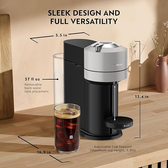 Nespresso Vertuo Next Coffee and Espresso Maker by Breville, with Aeroccino Milk Frother, Light Grey