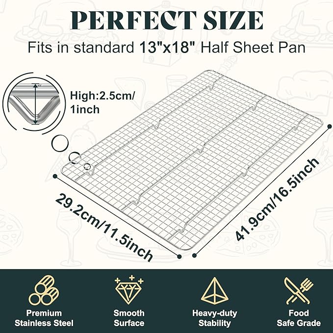 Cooling Racks for Cooking and Baking - 11.5"x16.5" Oven Safe Premium Stainless Steel Heavy Duty Baking Rack Tight-Wire, Fits Half Sheet Pan for Roasting & Grilling & Cooking - 1 Pack