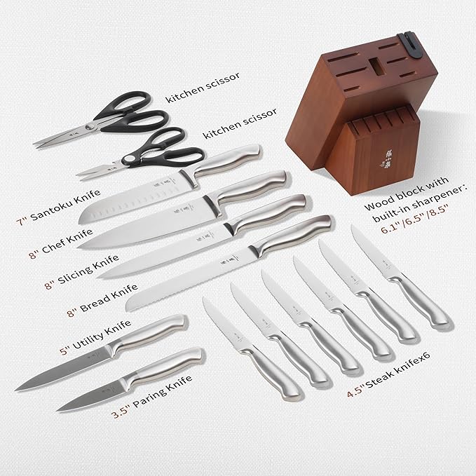 ZHANG XIAO QUAN SINCE 1628 15Pcs Knife Set with Block, 50Cr15MoV High Carbon Stainless Steel Kitchen Knife Set, Sharp and Durable, Hundreds of Years of Masterful(Silver)