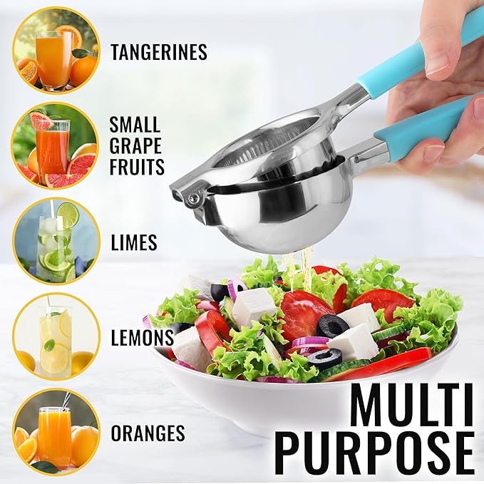 Zulay Kitchen Lemon Squeezer Stainless Steel with Premium Heavy Duty Solid Metal Squeezer Bowl and Food Grade Silicone Handles - Large Manual Citrus Press Juicer and Lime Squeezer (Blue)