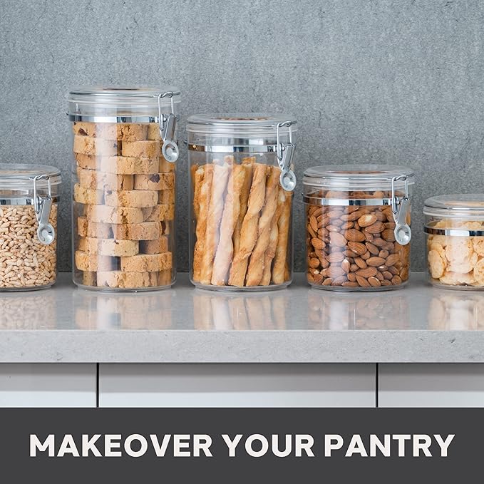 Oggi Tall Clear Canister with Clamp Lid, 58 oz - Large Airtight Food Storage Container, Ideal for Kitchen & Pantry Storage of Bulk, Dry Foods Including Pasta & Spaghetti
