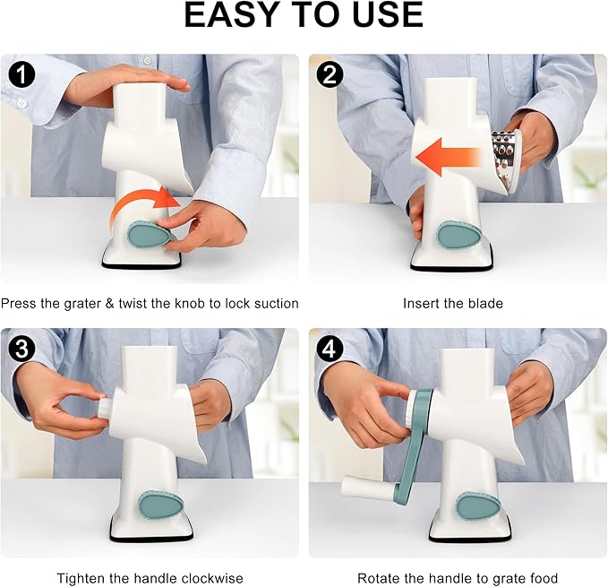 Kaishun Cheese Grater Rotary Cheese Grater Vegetable Chopper Sredder Madonline Stainless Steel with Vacuum Suction Base Multi Functional Kitchen Tool Perfect for Easy Shredding (WhiteCyan)