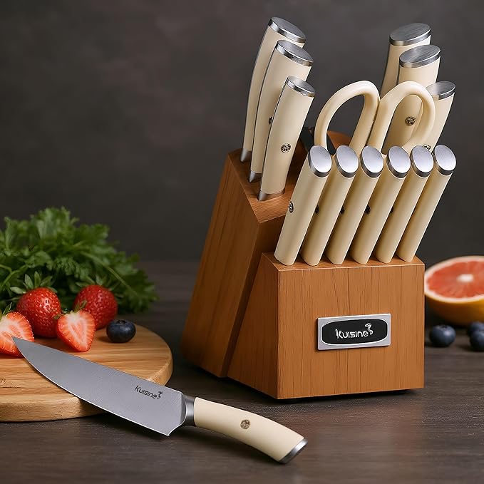 Kuisine Sharp Chef Knife Set,High Carbon Stainless Steel Ergonomic Rivet Handle,Knife Block Set with Built-in Sharpener(Acacia Ivory Pro,15PCS)