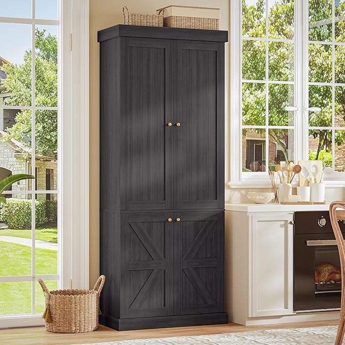 70.8" Tall Bookshelf with Doors, Farmhouse Modular Bookcase with 4-Tier Adjustable Shelves, Large Storage Cabinet for Home Office, Living Room, Black, Set of 3