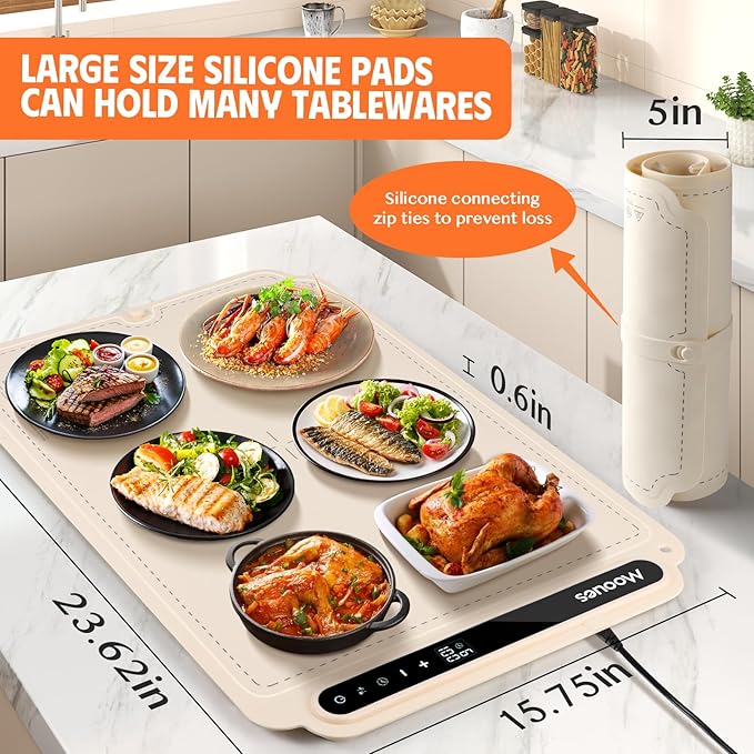 Electric Warming Tray, Portable Silicone Food Warming Mat, Versatile Full Surface Heating Food Warmer with 7 Level Temperature and 6 Hours Timer (White)