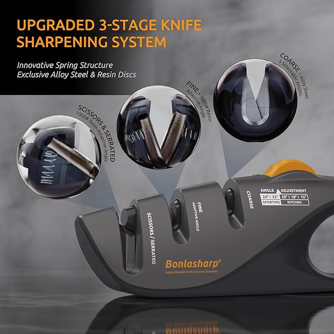 5-Angle Adjustable Knife Sharpener for Kitchen, Scissors & Pocket Knives – Precision 15°-24° Sharpening, Coarse & Fine Slots, Non-Slip Base, Ergonomic Handle, Safe & Easy to Use