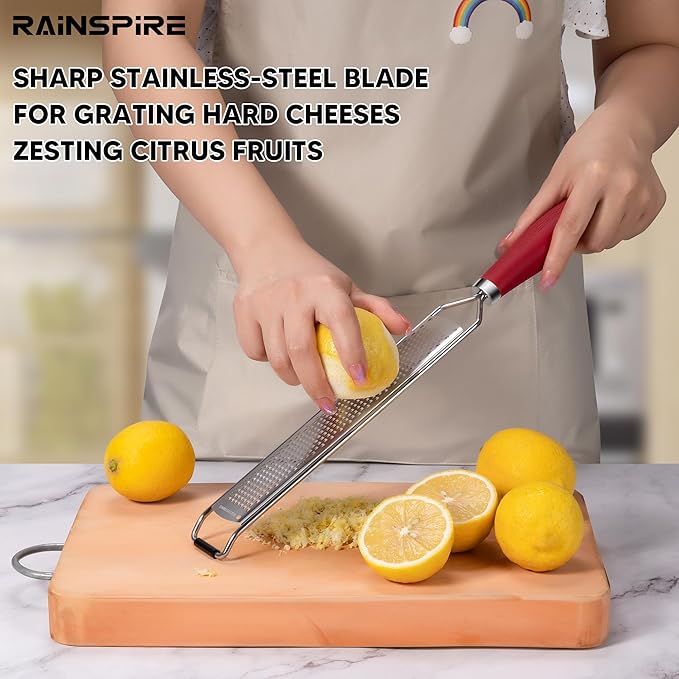 Rainspire Zester Grater with Handle, Lemon Zester Cheese Grater for Kitchen Stainless Steel, Parmesan Cheese Garlic Nutmeg Chocolate Fruits Vegetables Ginger Grater, Fine, Red