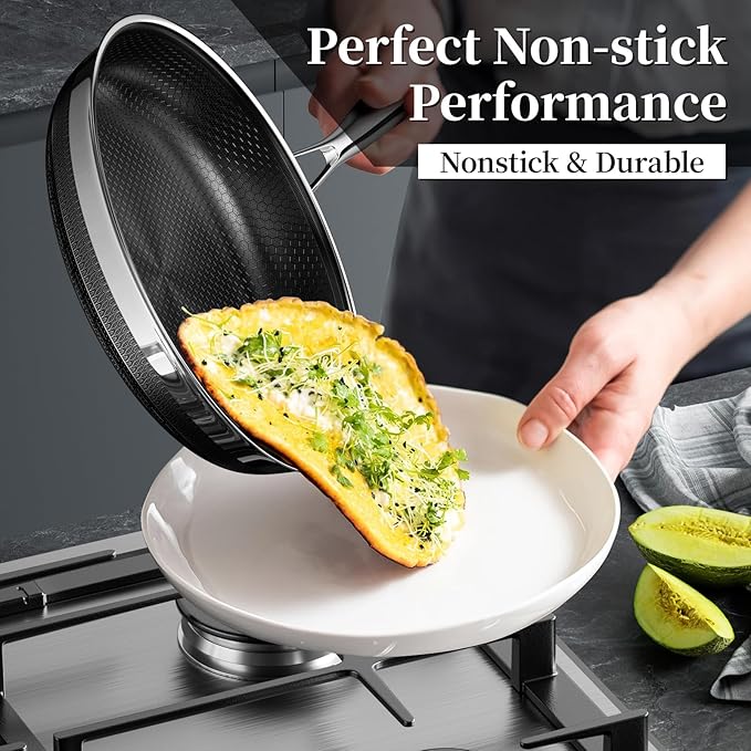 Innerwell Stainless Steel Frying Pans 11 Inch Titanium Ceramic Nonstick Frying Pans Hybrid Tri-Ply Nonstick Honeycomb Kitchen Cooking Pan Compatible with All Cooktops PFOA/PFAS/PTFE Free