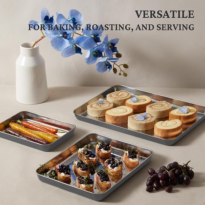 BRONYPRO Stainless Steel Baking Sheet Pan Set of 3, Cookie Sheets 9/12/16 In, Non-Toxic Uncoated Interior (PFOA & PTFE Free), Solid Warp-Resistant Cooking Trays for Oven & Toaster, Gray Exterior
