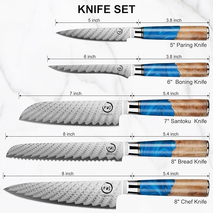 5 Piece Damascus Knife Set, Professional Japanese Knife Set with Japanese VG 10 Steel Core, Blue Resin Handle, Includes Chef, Santoku, Bread, Boning & Paring Damascus Knives in Gift Box