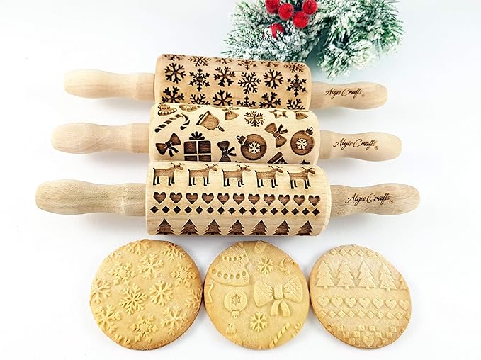 CHRISTMAS 3 Mini Embossed Rolling Pin Set Wooden Laser Engraved Textured rolling pins with Snowflakes, Elks, Christmas Trees and Gifts for Cookies by Algis Crafts