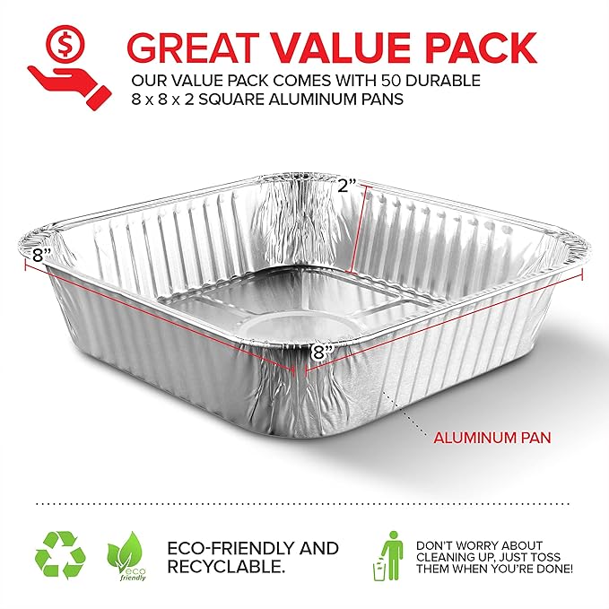 8x8 Foil Pans (50 Pack) 8 Inch Square Aluminum Pans - Foil Pans - Disposable Food Containers Great for Baking Cake, Cooking, Heating, Storing, Prepping Food