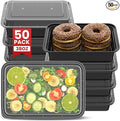 38oz Meal Prep Containers [50-Pack], Reusable Bento Box with Easy-Snap Leakproof Lids - Microwave, Dishwasher & Freezer Safe Food Storage, BPA-Free Plastic Lunch Containers (Black)