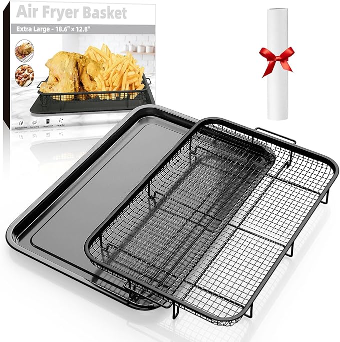 Air Fryer Basket for Oven, Extra Large 18.8" x 12.8" Oven Air Fryer Basket and Tray Set with 30 PCS Parchment Papers, DEGOVIN Stainless Steel Oven Pan and Crisper Tray (Black)