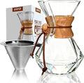 AGOGO Pour Over Coffee Maker Glass - 6/8/10 Cup Barista Kit with 304 Stainless Filter for Home, Office, Camping, Cafes - Easy Clean Coffee Dripper Set (Rag&Brush Included) (8 Cup/28 oz-Diamond Shape)