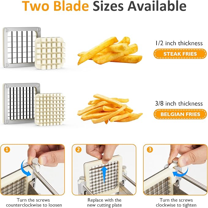 Sunvivi French Fry Cutter Stainless Steel Potato Slicer : with 2 Replaceable blades (1/2 & 3/8 Inch), Professional Fries Cutter for Potatoes, Carrots, Cucumber, Onion, Yam