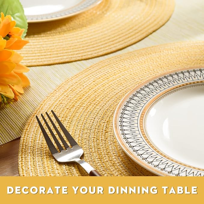 FunWheat Round Braided Placemats Set of 8 Place mats for Dining Tables Woven Heat Resistant Table Mats 15 inch(E Yellow, 8pcs)