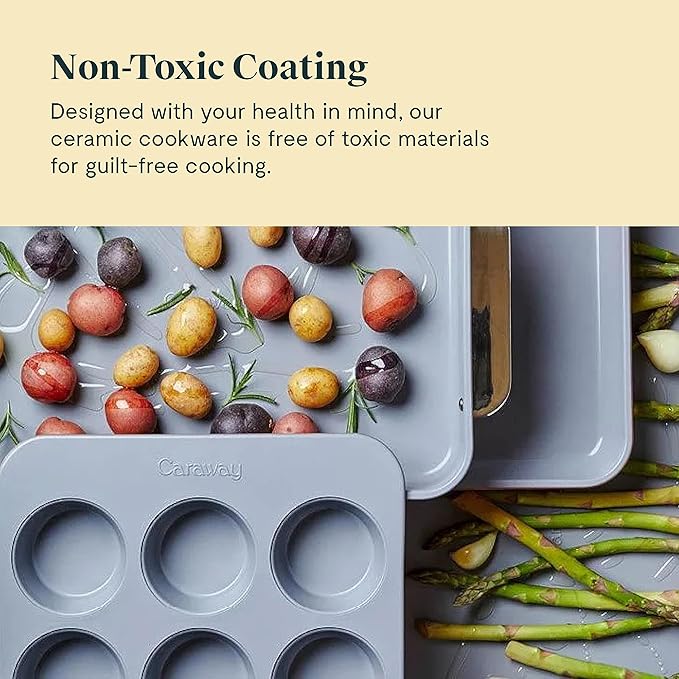 Caraway Nonstick Ceramic Bakeware Set (11 Pieces) - Baking Sheets, Assorted Baking Pans, Cooling Rack, & Storage - Aluminized Steel Body - Non Toxic, PTFE & PFOA Free - Cream