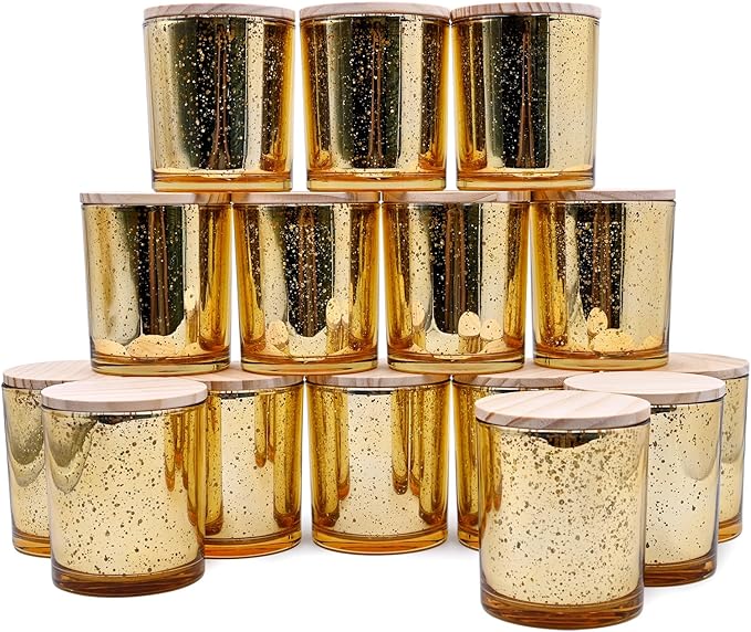 10 OZ Thick Candle Jars for Making Candles 15 Pcs, Empty Jars with Wood Lids for Candle Making, Sample Container, Gold