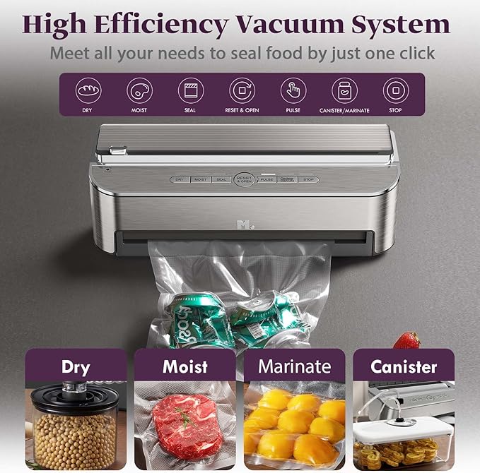 Mesliese Vacuum Sealer Machine, 85kPa 120W Automatic Food Sealer, Powerful Sealing System, Build-in Cutter | Bags Storage | Moist Mode and Air Suction Hose (Silver)