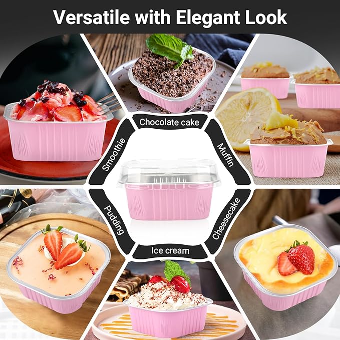 EUSOAR Cupcake Liner, 50pcs 10oz Pink Foil Mini Flan with Lids, Loaf Pans Aluminium Tins for Baking, Disposable Creme Brulee Cups Dessert Containers for Pie Souffle, Cake Holder for Party Serving