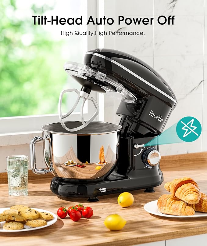 Facelle Stand Mixer, 660W 6 Speed Electric Kitchen Mixer with Pulse Button, Attachments include 6.5QT Bowl, Dishwasher Safe Beater,Dough Hook,Whisk & Splash Guard for Dough,Baking,Cakes,Cookie(Black)