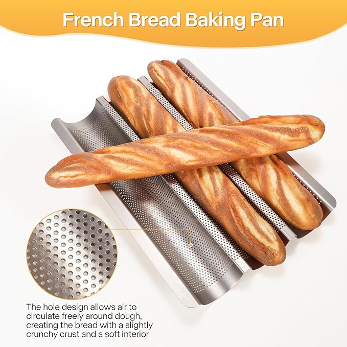Baguette Bread Pan, Perforated French Bread Pans 15x11 Inch Nonstick, 3 Waves Loaf Tin for Homemade Sourdough Baguettes Baking, Oven Safe, 2 Pack, Gold